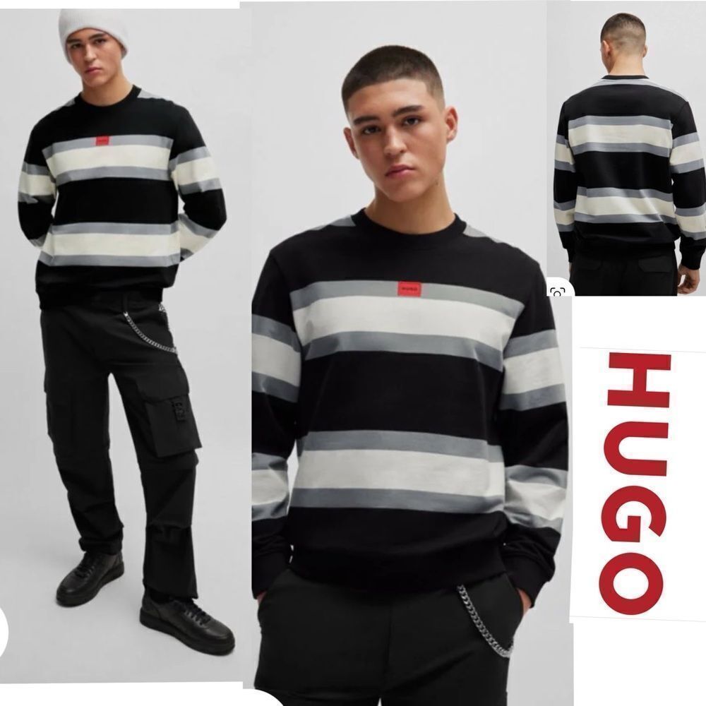 HUGO Boss Cotton Sweatshirt With Block Stripes And Red Logo Label M